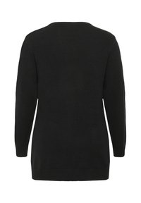 Pull noir à manches longues, fabriqué en tissu tricoté doux. Présente une coupe décontractée, un col rond, ainsi que des poignets et un ourlet côtelés.