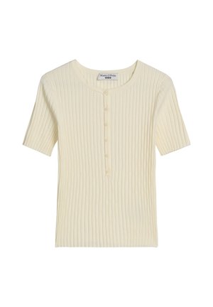 Kremowy prążkowany krótki sweter z okrągłym dekoltem i zapięciem na guziki z przodu, z markową metką wewnątrz kołnierza.