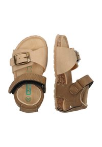 Kindersandalen met een beige bovenkant, bruine accenten, verstelbare banden en een getextureerde rubberen zool. Beschikt over een metalen gesp detail.