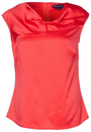 Ærmeløs koralfarvet satinbluse med draperet bred halsudskæring og en let buet kant.