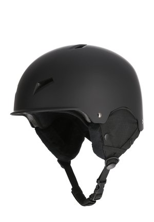 Schwarzer, matter Helm mit runder Form, gepolsterten Ohrpolstern, verstellbarem Kinnriemen und Belüftungsöffnungen an der Oberseite. Keine sichtbaren Markierungen oder Logos.