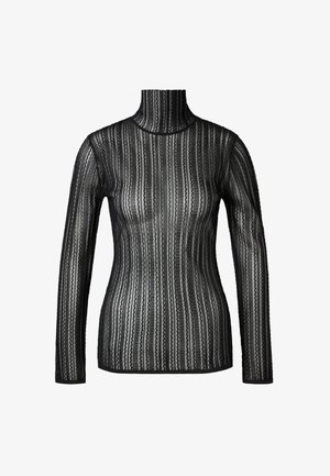 Black sheer turtleneck top with long sleeves, featuring vertical stripes and a ribbed texture. Edges trimmed in solid black.