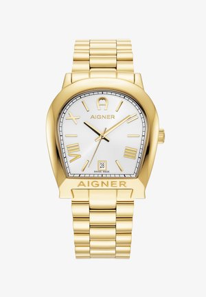 Montre dorée avec un boîtier rectangulaire arrondi, un cadran blanc, des index d'heure dorés, un affichage de la date et un bracelet en métal maillon.