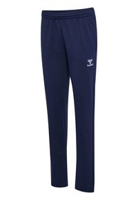 Marineblaue Baumwoll-Sweatpants mit elastischem Bund, geradem Schnitt und weißem Logo am linken Bein. Glatte Textur, keine sichtbaren Muster.