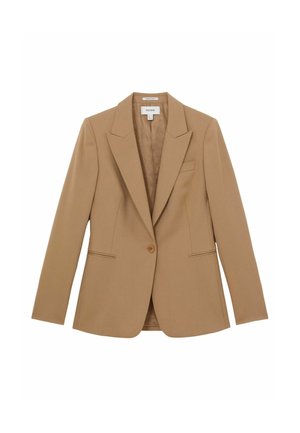 Enkeltbrystet beige blazer med notch revers, lukning med en knap og to forlommer, vist på en hvid baggrund.