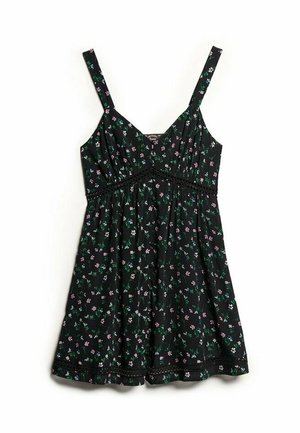 Schwarzes ärmelloses Kleid mit dünnen Trägern, verziert mit kleinen rosa und weißen Blumenmustern und Spitzenbesatz an Taille und Saum.