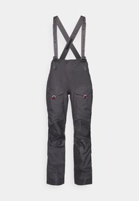 Black waterproof ski pants with adjustable suspenders, reinforced knees, multiple pockets, and contrasting gray straps. Durable fabric texture.