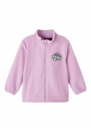 Lyse lilla børnefleecetrøje med fuld frontlynlås og "My Little Pony"-logo på venstre bryst.