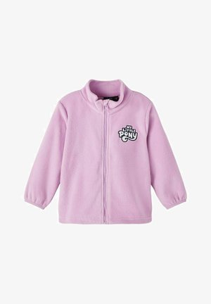 Chaqueta de forro polar infantil de color lila claro con cremallera completa en la parte delantera y logotipo de "My Little Pony" en el pecho izquierdo.