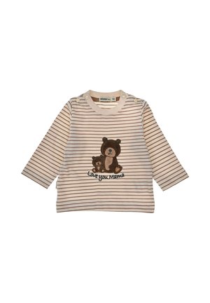 Maglietta per neonato a maniche lunghe beige e marrone a righe, con ricamo di un orso marrone e cucciolo e la scritta "Ti voglio bene mamma" sul davanti.