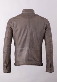 Brown leather jacket featuring a high collar, seam details, and button accents on the sleeves, displayed from the back.