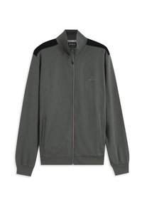 Chaqueta gris oscuro con cremallera, cuello alto, detalles en negro en los hombros y bolsillos delanteros. Confeccionada con un tejido suave y liso. Logotipo en el pecho.