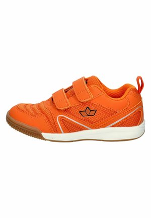 Orange children's sneaker with two hook-and-loop straps, black logo on the side, white sole, and pull tab at the heel.