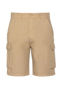 Beige cargoshorts van lichtgewicht stof, met twee zijvakken en twee cargovakken, voorzien van een knoopsluiting en riemlussen.