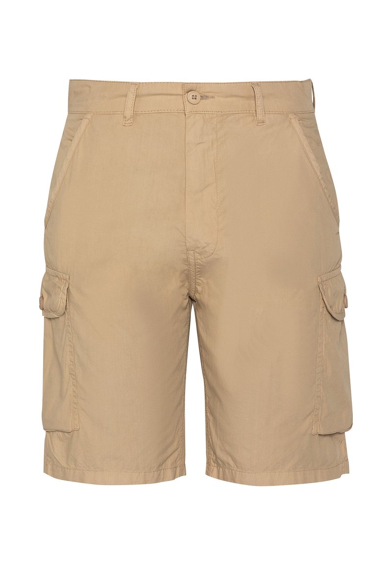 Beige cargoshorts van lichtgewicht stof, met twee zijvakken en twee cargovakken, voorzien van een knoopsluiting en riemlussen.