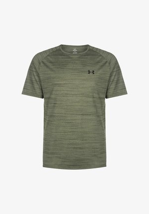 T-shirt de sport à manches courtes et col rond en vert olive avec un motif chiné horizontal subtil et un petit logo noir Under Armour sur la poitrine.