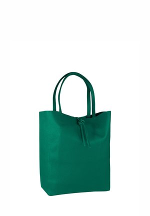 Green leather tote bag with a smooth texture, dual handles, and a drawstring closure at the top. Square shape with minimal detailing.