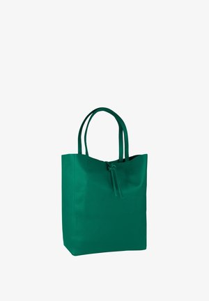 Green leather tote bag with a smooth texture, dual handles, and a drawstring closure at the top. Square shape with minimal detailing.