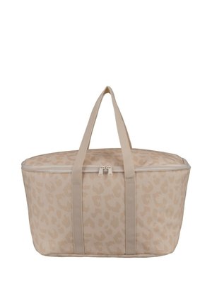 Beige soft-sided tote bag with subtle leopard print, dual handles, and a zipper closure along the top edge.