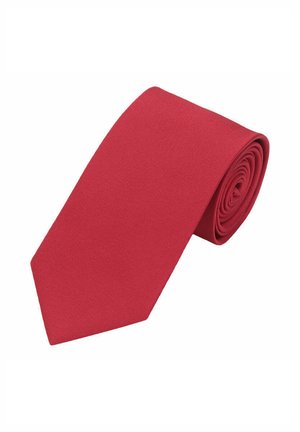 Rote Krawatte, glatte Textur, einfarbig, zulaufendes Ende, sauber aufgerollt. Geeignet für formelle Anlässe oder professionelle Kleidung.