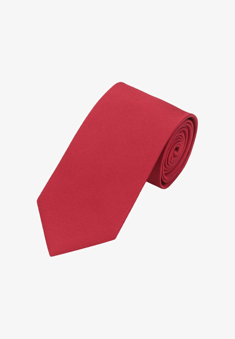 Rote Krawatte, glatte Textur, einfarbig, zulaufendes Ende, sauber aufgerollt. Geeignet für formelle Anlässe oder professionelle Kleidung.