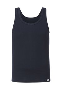 Navy blue tank top made of flexible fabric. Features a round neckline and wide shoulder straps. Tags show brand logo at the hem.