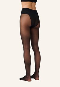 Collant neri trasparenti con finitura opaca, vita alta e design aperto sul retro. Presentano una texture liscia e una silhouette aderente.