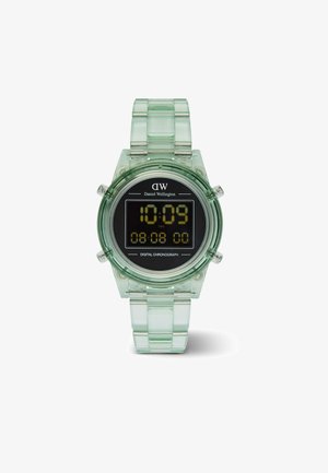 Átlátszó zöld műanyag digitális óra fekete kijelzővel, ezüst díszítéssel és kronográf funkcióval. Időt és dátumot mutat.