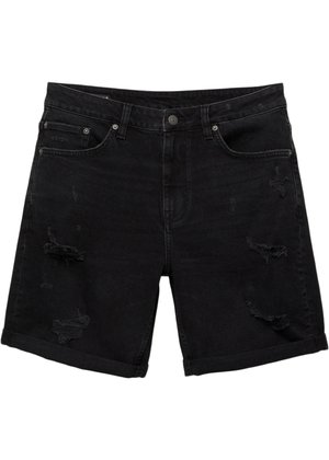 Sorte denimshorts med en afslappet pasform, med slidte detaljer, fem-lomme design og opbrettede kanter.