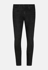 Jeans skinny in denim nero con una texture liscia, design standard a cinque tasche e chiusura con bottone in vita. Nessun logo o motivo visibile.
