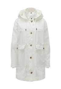 Weiße wasserdichte Jacke mit Kapuze, ausgestattet mit einem Reißverschluss, zwei Fronttaschen, Druckknöpfen und einer Kordel am Kragen.