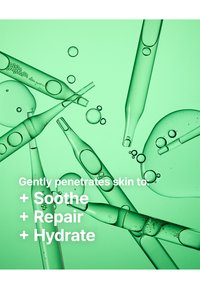 Glassampuller og dråper i ulike former med en gjennomsiktig grønn bakgrunn. Teksten fremhever fordeler: Berolige, Reparere, Fukte.