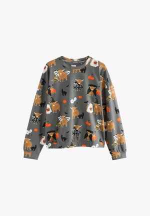 Sweatshirt gris avec un motif fantaisiste d'animaux, de citrouilles et de fantômes. Fabriqué en tissu doux, avec des manches longues et un col rond.