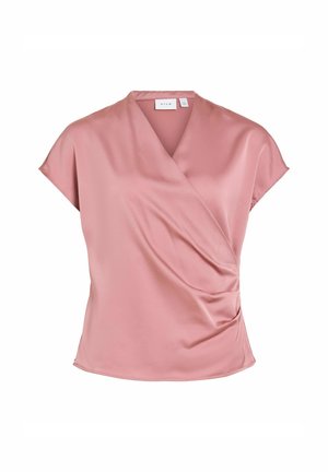 Vaaleanpunainen satiininen lyhythihainen pusero, jossa on V-kaula-aukko, kietaisumallinen etuosa ja hienovarainen kerätty yksityiskohta toisella sivulla.