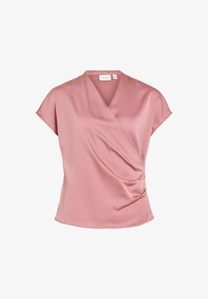 Blouse courte en satin rose à manches courtes avec un col en V et un effet portefeuille, ornée d'un léger détail froncé sur un côté.
