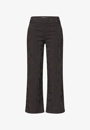 Pantalon noir à jambes larges avec fines rayures verticales blanches et détails de boutons à la taille.