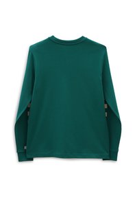 Dunkelgrünes langärmliges Rundhals-T-Shirt flach ausgelegt, zeigt die Rückseite, mit schlichten Bündchen und ohne sichtbare Logos oder Muster.