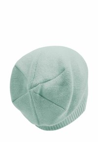 Mint green knit beanie with a soft texture, rounded top shape, and ribbed hem. Features a seamless construction and subtle pattern.