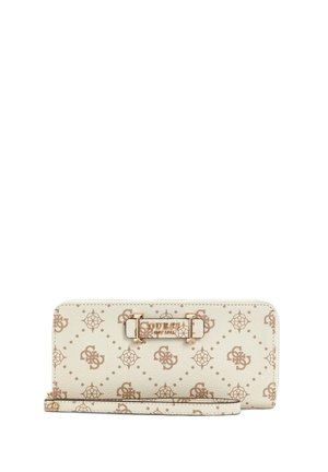 Portafoglio Guess color crema con motivo logo beige su tutta la superficie e targhetta metallica dorata con logo sul davanti, dotato di cinturino da polso.