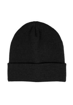 Black knitted beanie hat with a folded cuff, shown flat on a white background.