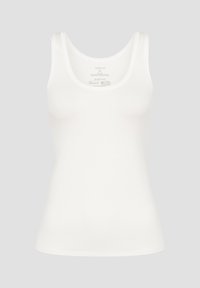 Weißes Tanktop mit Rundhalsausschnitt, aus glattem Stoff gefertigt. Verfügt über breite Schulterträger und einen geraden Saum, Etikett an der Rückseite.