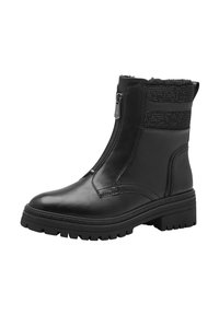 Bottines en cuir noir avec une tige texturée, fermeture éclair latérale et semelle en caoutchouc. Présente une doublure en fourrure et des détails de couture décoratifs.