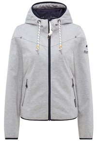 Šedá mikina na zip s kapucí na šňůrku, námořnické akcenty, boční zipové kapsy a hladkou texturu. Na ramenou je dekorativní prošívání.