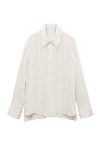 Chemise crème à manches longues avec boutons, rayures verticales subtiles, larges poignets et col pointu, étalée à plat sur un fond blanc.