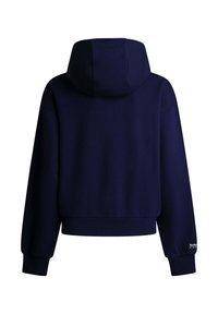 Μπλε φουτερ με κουκούλα, μακριά μανίκια, ριμπ μανσέτες και τελείωμα, εμφανίζεται από πίσω σε λευκό φόντο.