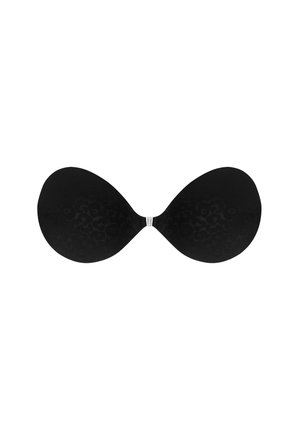 Black adhesive strapless bra with a subtle leopard print pattern and a clear plastic clasp in the center.