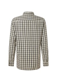 Langarmhemd in einem beigen und schwarzen karierten Muster. Leichter Stoff, Hemdkragen mit Knöpfen und Knöpfe an den Ärmeln.
