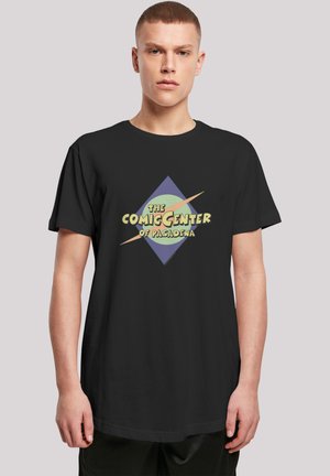 Black t-shirt featuring a graphic with a diamond shape and text reading "THE COMIC CENTER of Pasadena" in bold yellow and green.