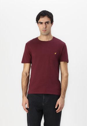 Maroon cotton t-shirt with a round neckline, short sleeves, and a chest pocket featuring a small yellow logo detail.