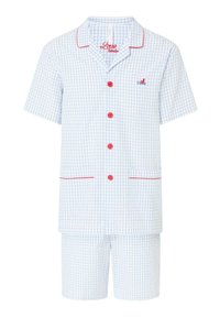 Conjunto de pijama de manga corta en un patrón de cuadros azul y blanco, con acentos rojos, cuatro botones y bolsillos laterales.
